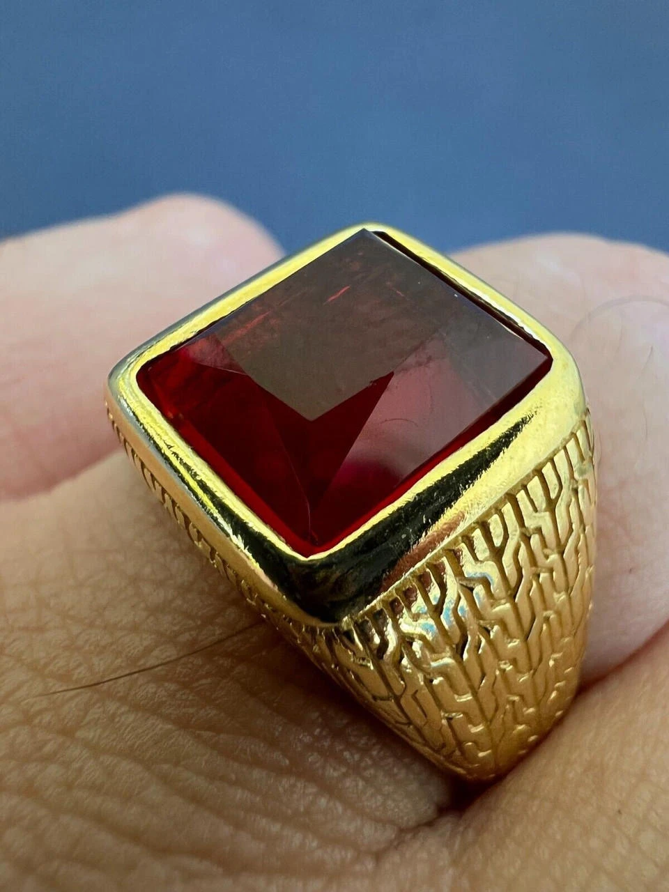Mens Plain Real 14k Gold Plated 925 Silver Simulated Ruby Red Gem Stone Ring CZ 9 Mens Plain Real 14k Gold Plated 925 Silver Simulated Ruby Red Gem Stone Ring CZ - Image 7