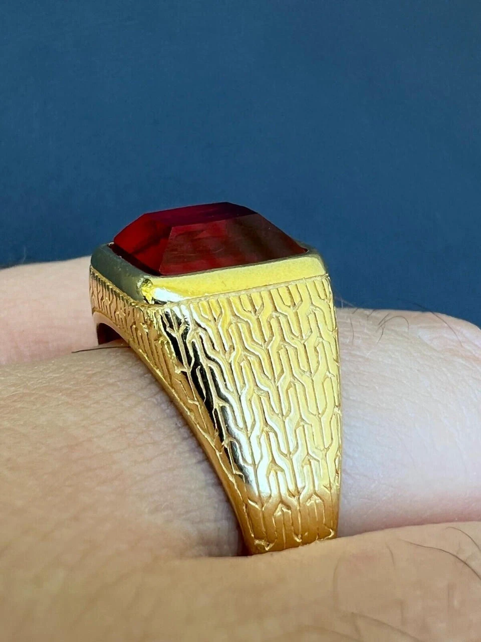 Mens Plain Real 14k Gold Plated 925 Silver Simulated Ruby Red Gem Stone Ring CZ 5 Mens Plain Real 14k Gold Plated 925 Silver Simulated Ruby Red Gem Stone Ring CZ - Image 3