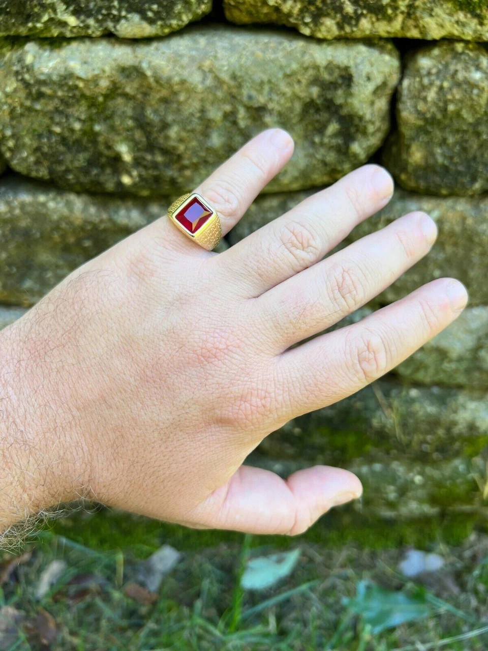 Mens Plain Real 14k Gold Plated 925 Silver Simulated Ruby Red Gem Stone Ring CZ 13 Mens Plain Real 14k Gold Plated 925 Silver Simulated Ruby Red Gem Stone Ring CZ - Image 11