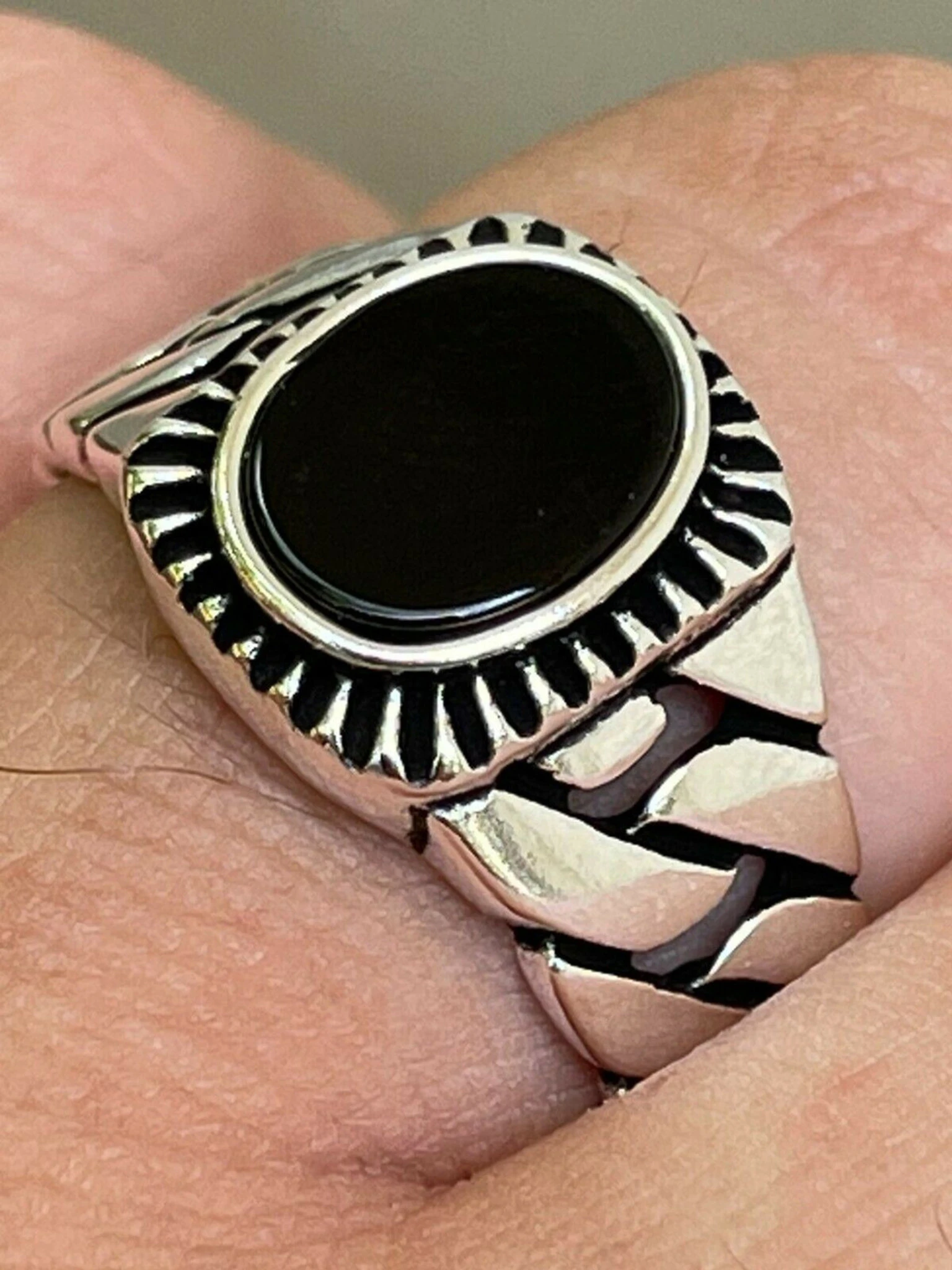 Mens Plain Real 925 Sterling Silver Black Onyx Stone Ring Miami Cuban Link Band 3 Mens Plain Real 925 Sterling Silver Black Onyx Stone Ring Miami Cuban Link Band