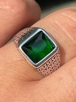 Mens Plain Real 925 Sterling Silver Green Emerald Stone Ring Size 7 8 9 10 11 12