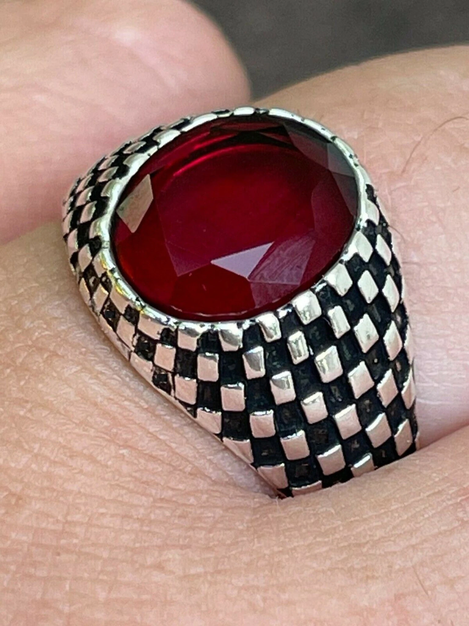 Mens Plain Real 925 Sterling Silver Ruby Red Stone Ring Pinky Or Signet Sz 7-13 3 Mens Plain Real 925 Sterling Silver Ruby Red Stone Ring Pinky Or Signet Sz 7-13