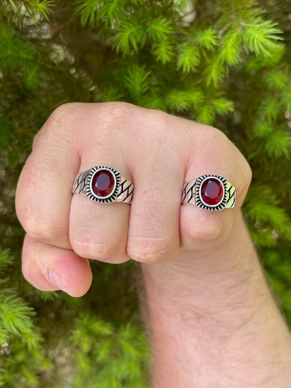 Mens Plain Real 925 Sterling Silver Ruby Red Stone Ring W. Miami Cuban Link Band 7 Mens Plain Real 925 Sterling Silver Ruby Red Stone Ring W. Miami Cuban Link Band - Image 5