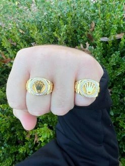 Mens Real 14k Gold Vermeil Over 925 Silver Iced Out Rolex Crown Watch Ring -Harlem Bling Shop harlembling mens real 14k gold vermeil over 925 silver iced out rolex crown watch ring 49176.1672764882