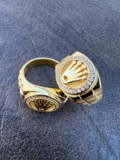 Mens Real 14k Gold Vermeil Over 925 Silver Iced Out Rolex Crown Watch Ring -Harlem Bling Shop harlembling mens real 14k gold vermeil over 925 silver iced out rolex crown watch ring 79651.1672764950