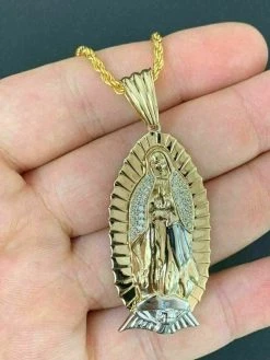 Men's Real 14k Yellow Gold Over 925 Sterling Silver Virgin Mary Guadalupe Chain