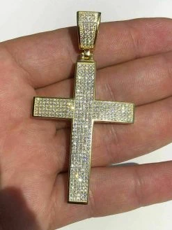 Men’s REAL 14k Yellow Gold Over Solid 925 Silver Large Cross 3ct Diamond 2x1.5”