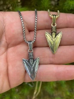 Men's Real 925 Silver / 14k Gold Finish Shark Tooth Spear Head Pendant Necklace 24 Men's Real 925 Silver / 14k Gold Finish Shark Tooth Spear Head Pendant Necklace -Harlem Bling Shop harlembling mens real 925 silver 14k gold finish shark tooth spear head pendant necklace 05636.1664377365