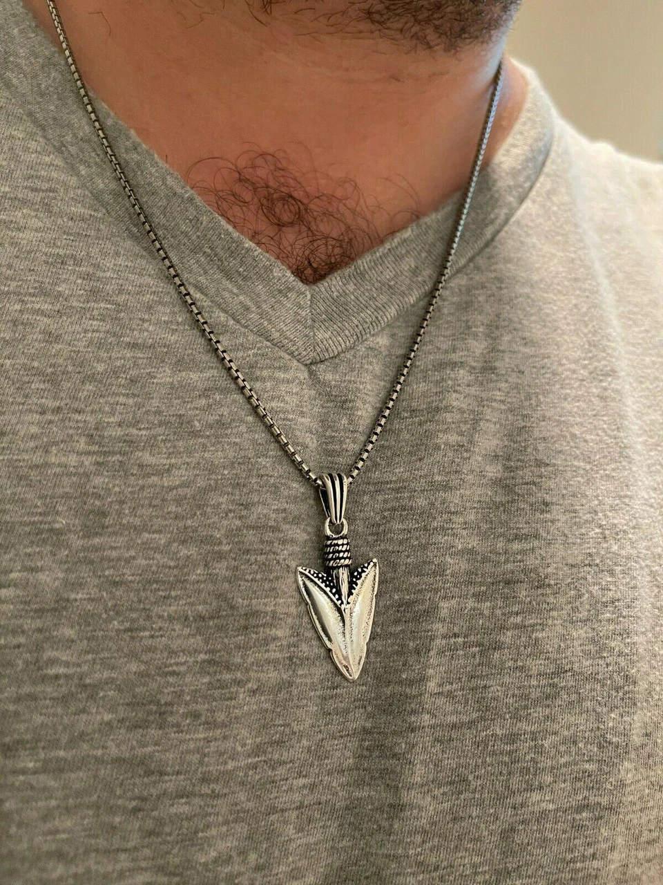 Men's Real 925 Silver / 14k Gold Finish Shark Tooth Spear Head Pendant Necklace 5 Men's Real 925 Silver / 14k Gold Finish Shark Tooth Spear Head Pendant Necklace - Image 3
