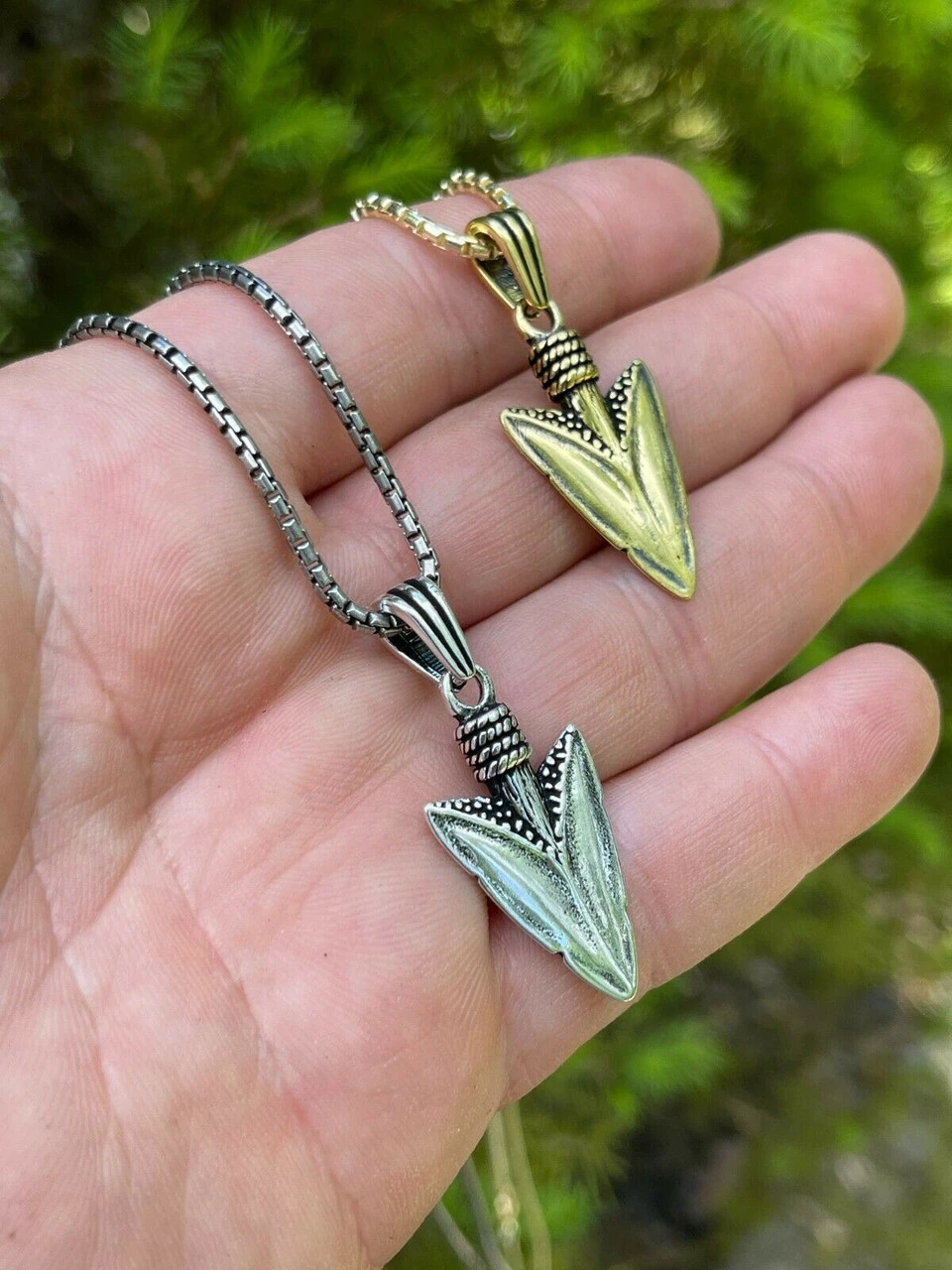 Men's Real 925 Silver / 14k Gold Finish Shark Tooth Spear Head Pendant Necklace 4 Men's Real 925 Silver / 14k Gold Finish Shark Tooth Spear Head Pendant Necklace - Image 2
