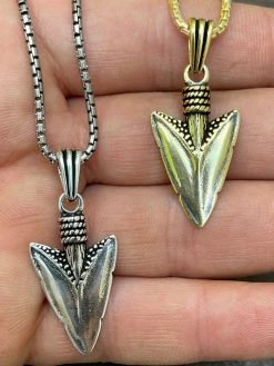 Men's Real 925 Silver / 14k Gold Finish Shark Tooth Spear Head Pendant Necklace
