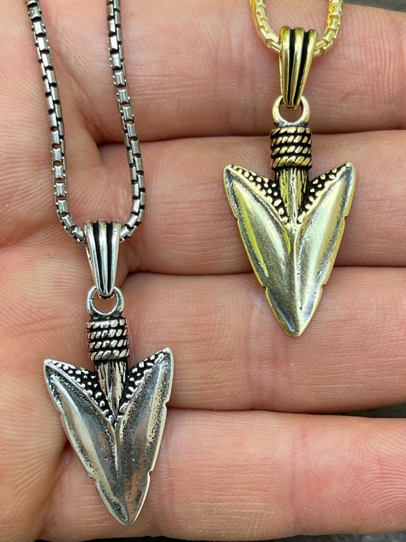 Men's Real 925 Silver / 14k Gold Finish Shark Tooth Spear Head Pendant Necklace 3 Men's Real 925 Silver / 14k Gold Finish Shark Tooth Spear Head Pendant Necklace