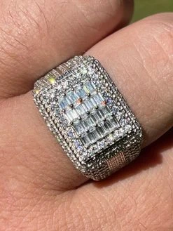 Mens Real 925 Silver Ring Iced Baguette Diamond Pinky Hip Hop Size 6 7 8 9 10 11