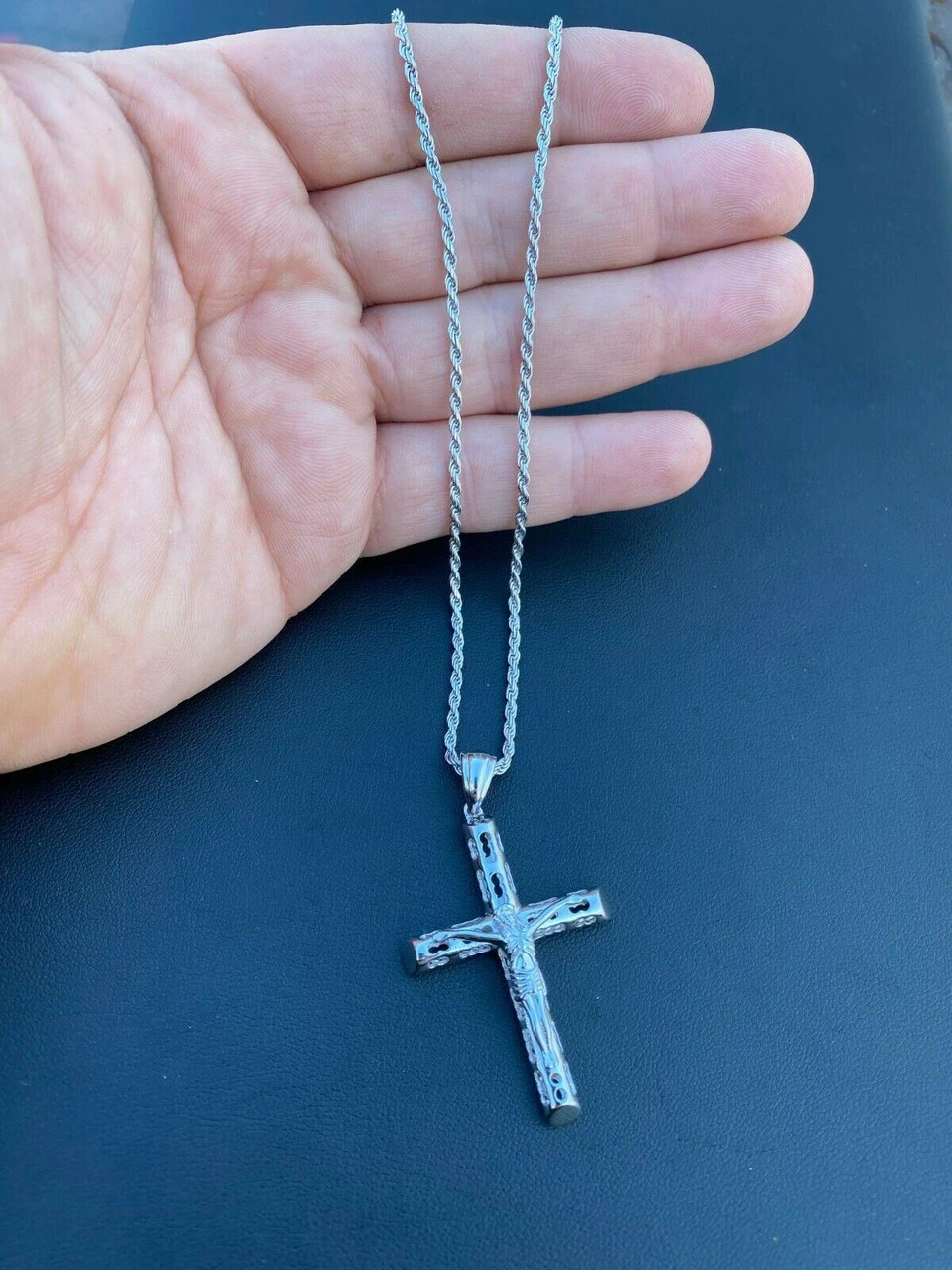 Men's Real 925 Sterling Silver Cross Pendant Necklace 2" Jesus On Crucifix Piece 4 Men's Real 925 Sterling Silver Cross Pendant Necklace 2" Jesus On Crucifix Piece - Image 2