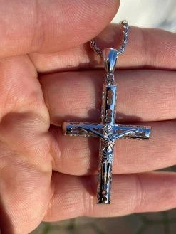 Men's Real 925 Sterling Silver Cross Pendant Necklace 2" Jesus On Crucifix Piece