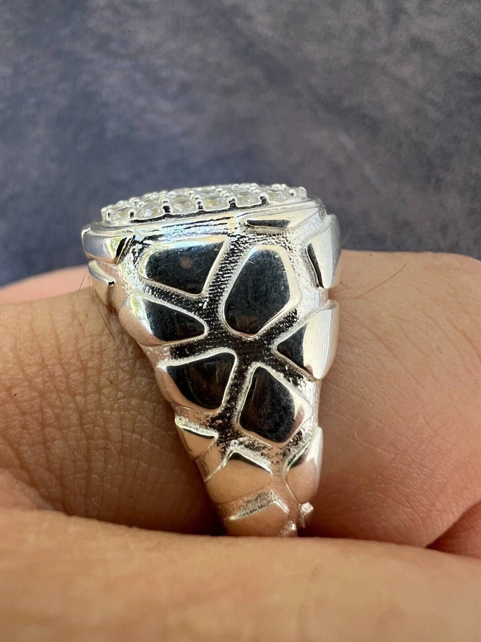 Mens Real 925 Sterling Silver Iced CZ Nugget Ring Hip Hop Size 7 8 9 10 11 12 13 4 Mens Real 925 Sterling Silver Iced CZ Nugget Ring Hip Hop Size 7 8 9 10 11 12 13 - Image 2