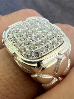 Mens Real 925 Sterling Silver Iced CZ Nugget Ring Hip Hop Size 7 8 9 10 11 12 13