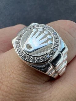 Mens Real 925 Sterling Silver Iced Out Rolex Crown Watch Ring -Harlem Bling Shop harlembling mens real 925 sterling silver iced out rolex crown watch ring 06232.1672764886