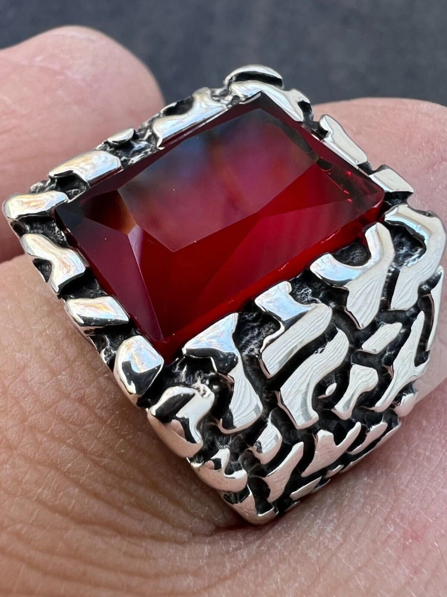 Mens Real 925 Sterling Silver Iced Simulated Big Red Ruby Nugget Hip Hop Ring 3 Mens Real 925 Sterling Silver Iced Simulated Big Red Ruby Nugget Hip Hop Ring