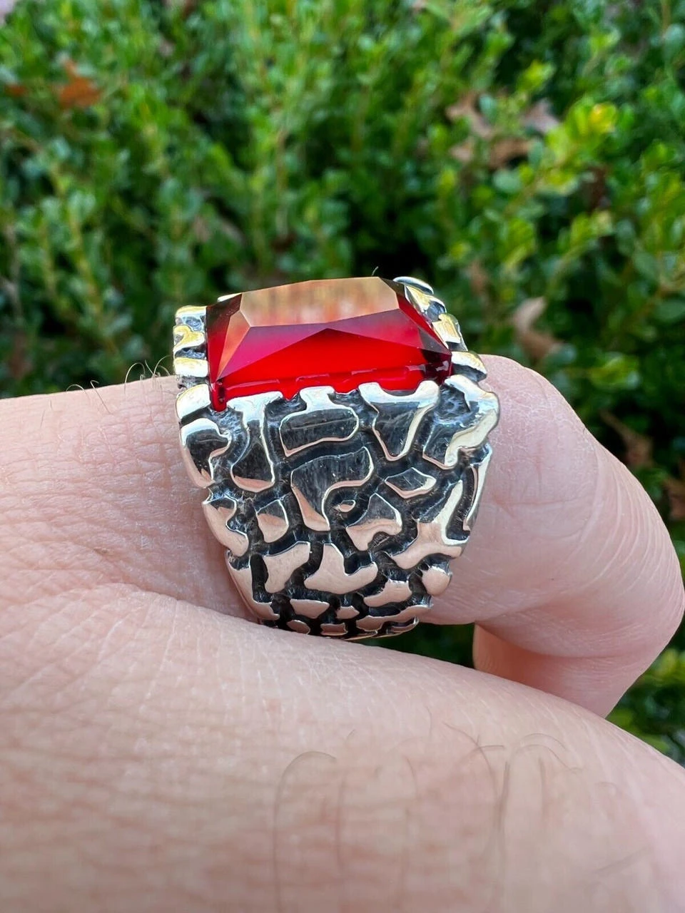 Mens Real 925 Sterling Silver Iced Simulated Big Red Ruby Nugget Hip Hop Ring 4 Mens Real 925 Sterling Silver Iced Simulated Big Red Ruby Nugget Hip Hop Ring - Image 2