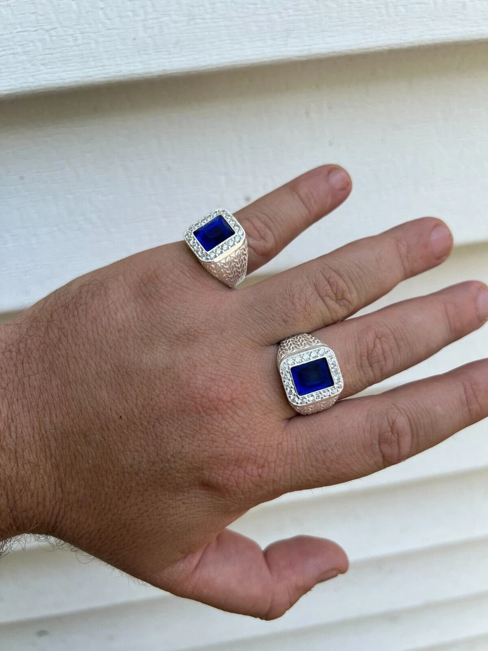 Men's Real 925 Sterling Silver Iced Simulated Blue Sapphire & CZ Hip Hop Ring 12 Men's Real 925 Sterling Silver Iced Simulated Blue Sapphire & CZ Hip Hop Ring - Image 10