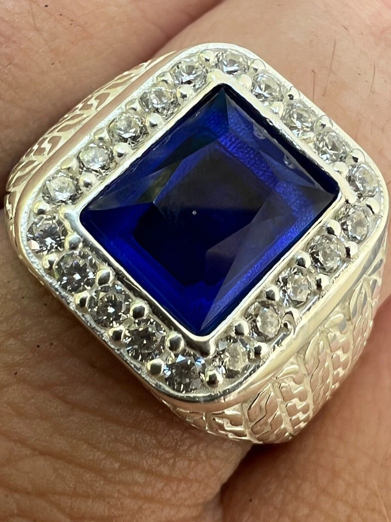 Men's Real 925 Sterling Silver Iced Simulated Blue Sapphire & CZ Hip Hop Ring 3 Men's Real 925 Sterling Silver Iced Simulated Blue Sapphire & CZ Hip Hop Ring