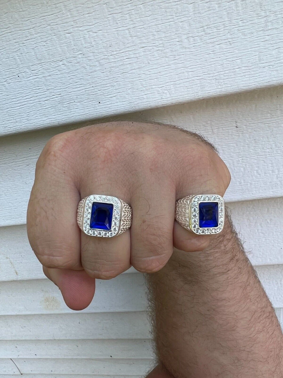 Men's Real 925 Sterling Silver Iced Simulated Blue Sapphire & CZ Hip Hop Ring 6 Men's Real 925 Sterling Silver Iced Simulated Blue Sapphire & CZ Hip Hop Ring - Image 4