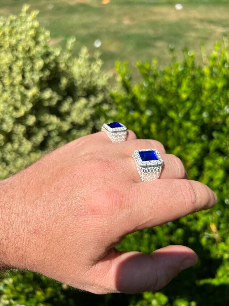 Men's Real 925 Sterling Silver Iced Simulated Blue Sapphire & CZ Hip Hop Ring 8 Men's Real 925 Sterling Silver Iced Simulated Blue Sapphire & CZ Hip Hop Ring - Image 6