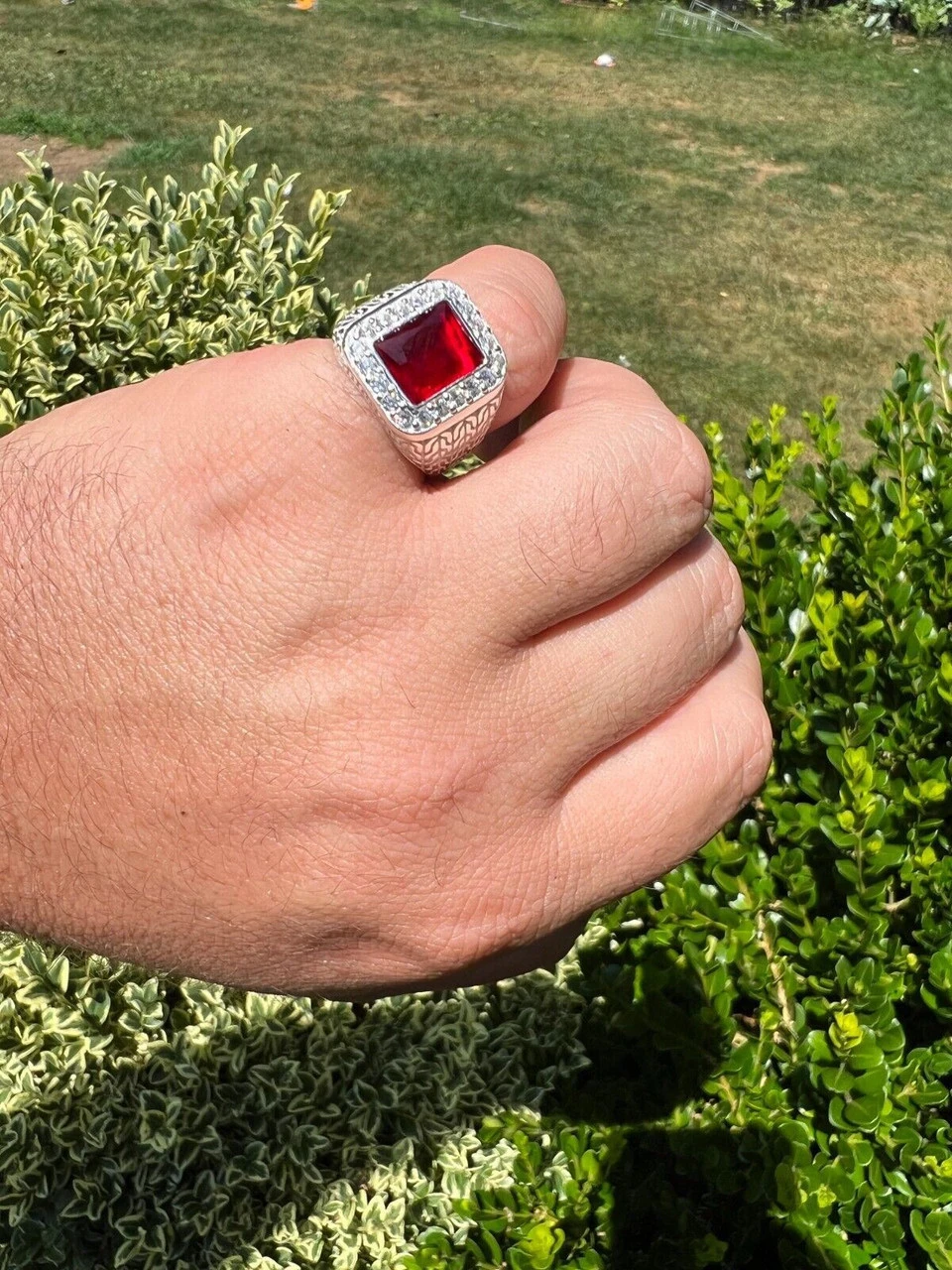 Mens Real 925 Sterling Silver Iced Simulated Red Ruby & CZ Hip Hop Ring Sz 6-13 11 Mens Real 925 Sterling Silver Iced Simulated Red Ruby & CZ Hip Hop Ring Sz 6-13 - Image 9