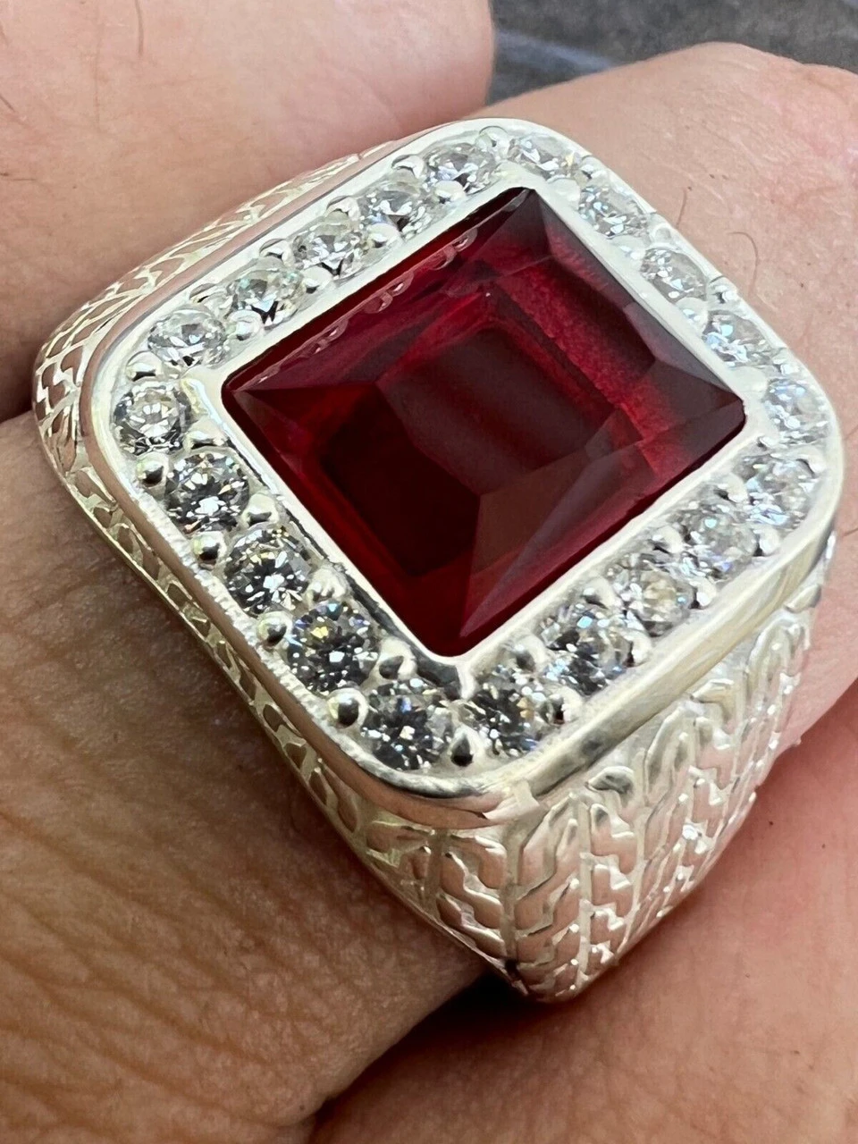 Mens Real 925 Sterling Silver Iced Simulated Red Ruby & CZ Hip Hop Ring Sz 6-13 4 Mens Real 925 Sterling Silver Iced Simulated Red Ruby & CZ Hip Hop Ring Sz 6-13 - Image 2