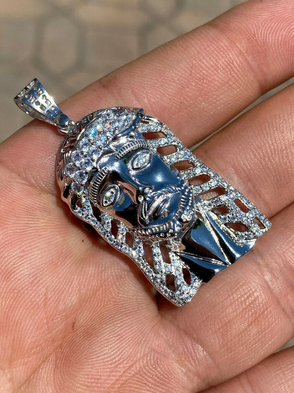 Men's Real 925 Sterling Silver Jesus Piece Necklace 1x1.5" Iced Hip Hop Pendant 4 Men's Real 925 Sterling Silver Jesus Piece Necklace 1x1.5" Iced Hip Hop Pendant - Image 2