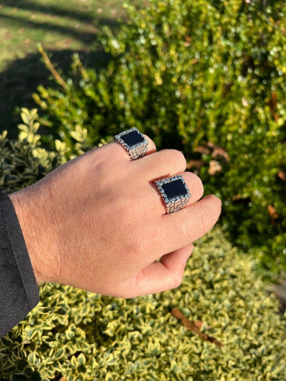 Mens Real 925 Sterling Silver Natural Black Onyx Gemstone Nugget Hip Hop Ring 13 Mens Real 925 Sterling Silver Natural Black Onyx Gemstone Nugget Hip Hop Ring - Image 11