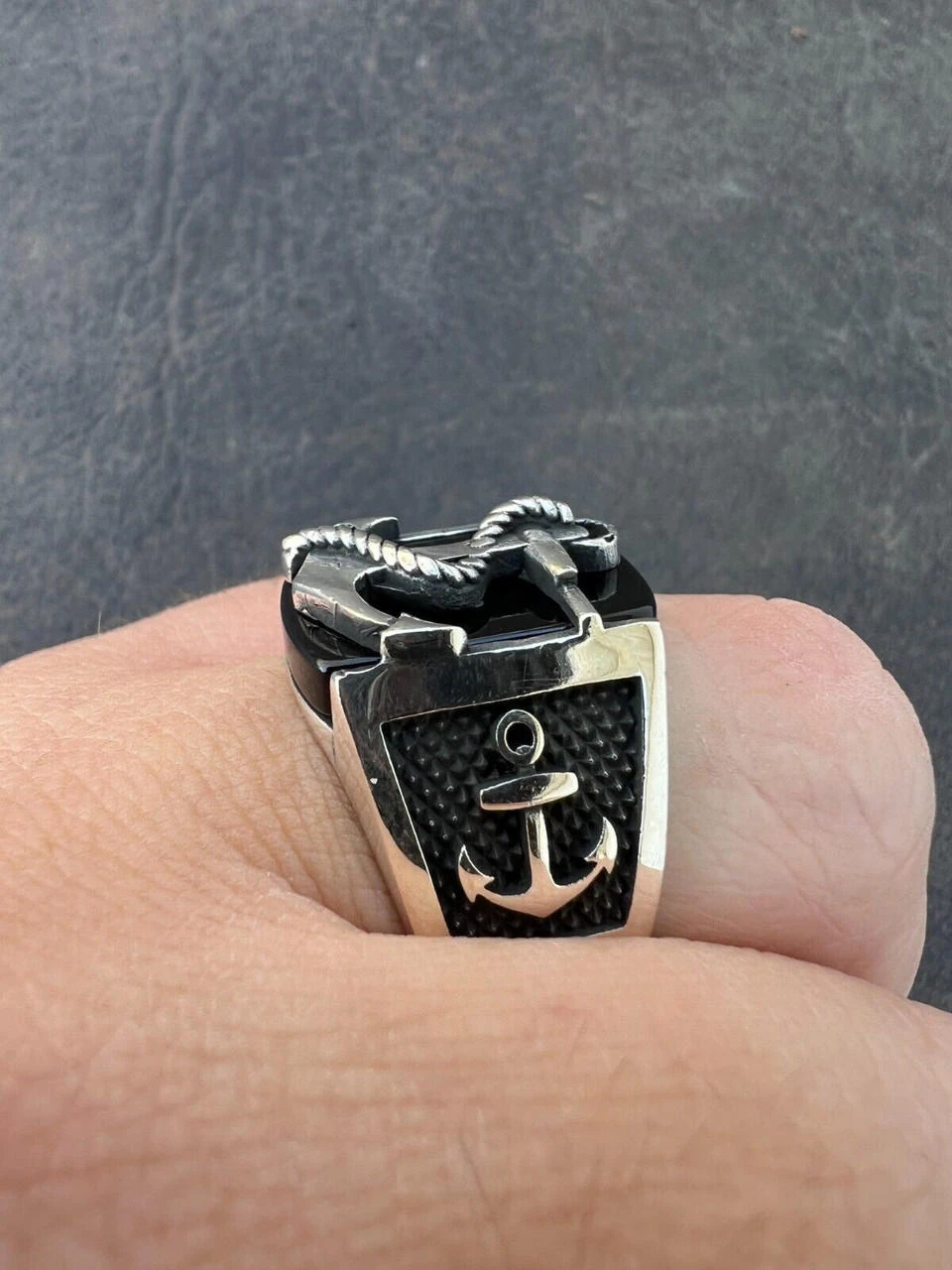 Mens Real 925 Sterling Silver Natural Black Onyx W. Anchor Sailor Maritime Ring 4 Mens Real 925 Sterling Silver Natural Black Onyx W. Anchor Sailor Maritime Ring - Image 2