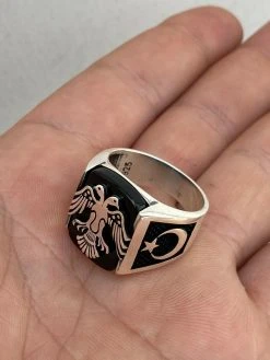 Mens Real 925 Sterling Silver Ring Albanian Double Headed Eagle Islamic Crescent -Harlem Bling Shop harlembling mens real 925 sterling silver ring albanian double headed eagle islamic crescent 78216.1664376233