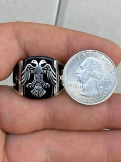 Mens Real 925 Sterling Silver Ring Albanian Double Headed Eagle Islamic Crescent -Harlem Bling Shop harlembling mens real 925 sterling silver ring albanian double headed eagle islamic crescent 92301.1664395376
