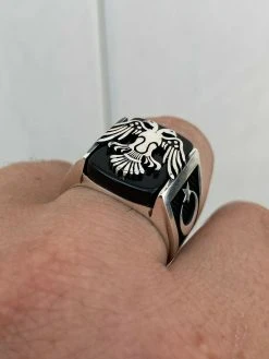 Mens Real 925 Sterling Silver Ring Albanian Double Headed Eagle Islamic Crescent -Harlem Bling Shop harlembling mens real 925 sterling silver ring albanian double headed eagle islamic crescent 96568.1664376252