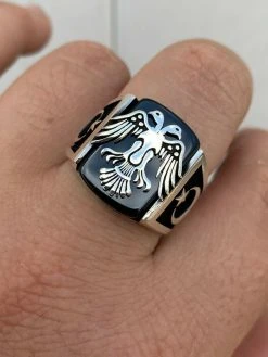 Mens Real 925 Sterling Silver Ring Albanian Double Headed Eagle Islamic Crescent -Harlem Bling Shop harlembling mens real 925 sterling silver ring albanian double headed eagle islamic crescent 97254.1664393919