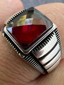 Mens Real 925 Sterling Silver Simulated Ruby Red CZ Gem Stone Pinky Ring Sz 7-13