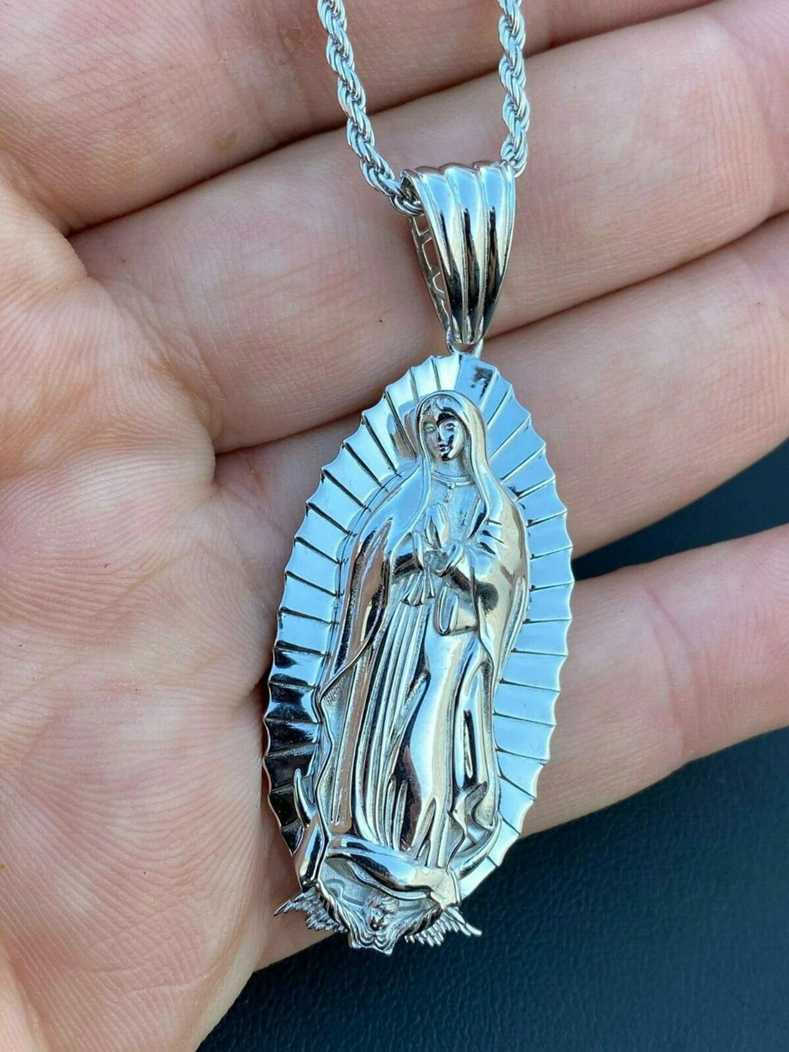 Men's Real 925 Sterling Silver - Virgin Mary Guadalupe Necklace Senora Pendant 3 Men's Real 925 Sterling Silver - Virgin Mary Guadalupe Necklace Senora Pendant