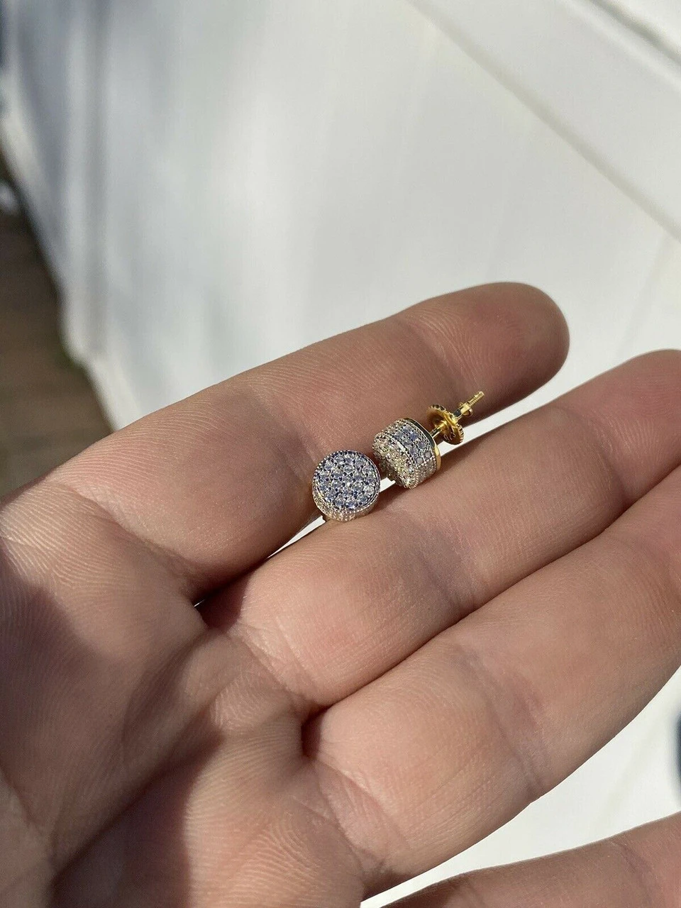 Mens Real Gold Vermeil 925 Sterling Silver Round Earrings MOISSANITE Studs Iced 4 Mens Real Gold Vermeil 925 Sterling Silver Round Earrings MOISSANITE Studs Iced - Image 2