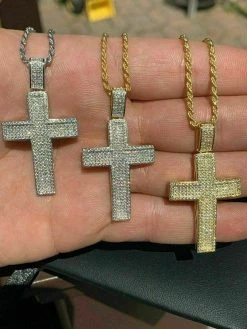 Men's Real Solid 925 Silver Cross Pendant Bust Down Crucifix Necklace Iced CZ