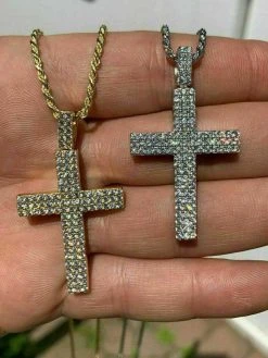 Men's Real Solid 925 Silver Cross Pendant Prong Set Crucifix Necklace W. Chain