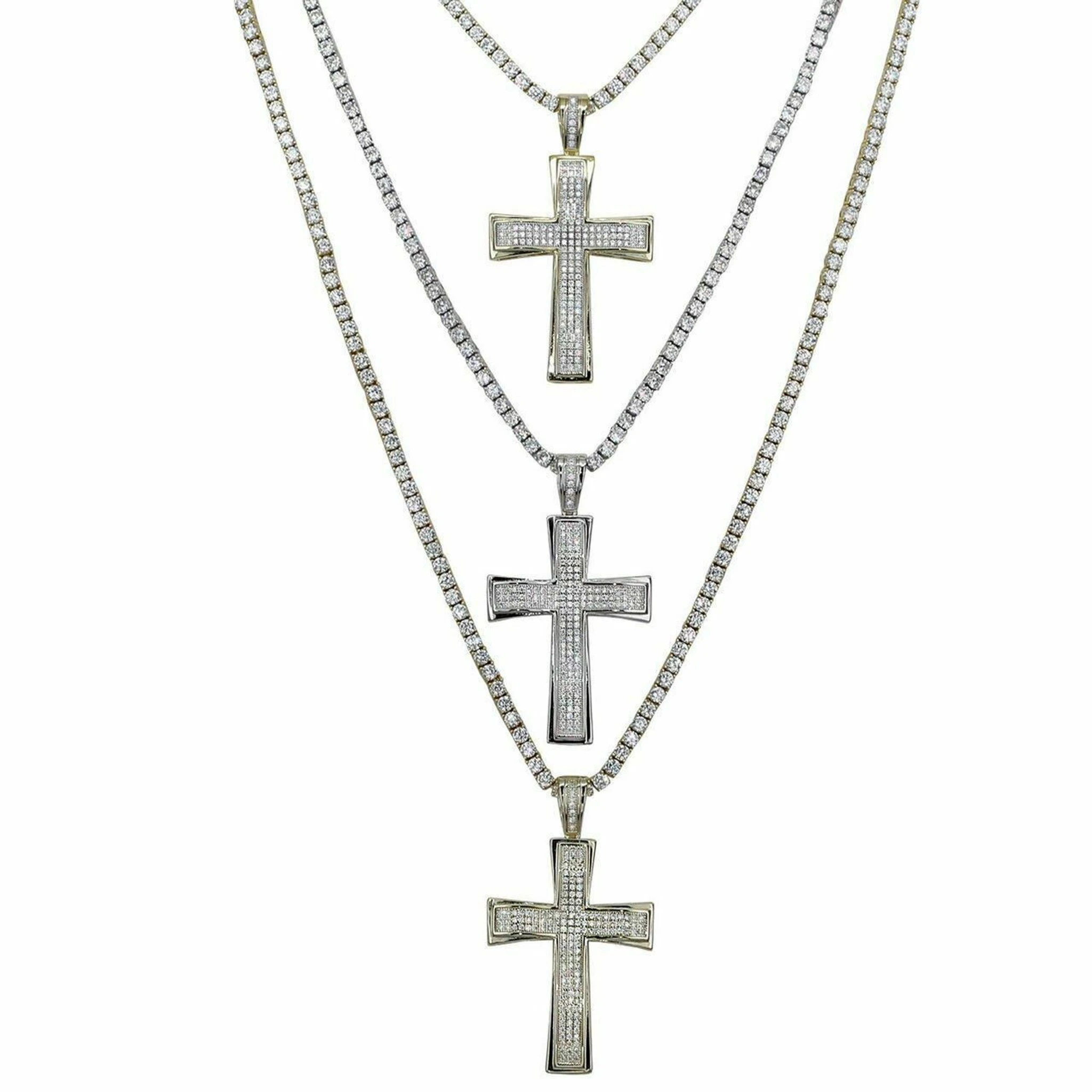 Mens Real Solid 925 Silver Cross W. Tennis Chain Pendant Iced Icy Hip Hop Rapper 3 Mens Real Solid 925 Silver Cross W. Tennis Chain Pendant Iced Icy Hip Hop Rapper