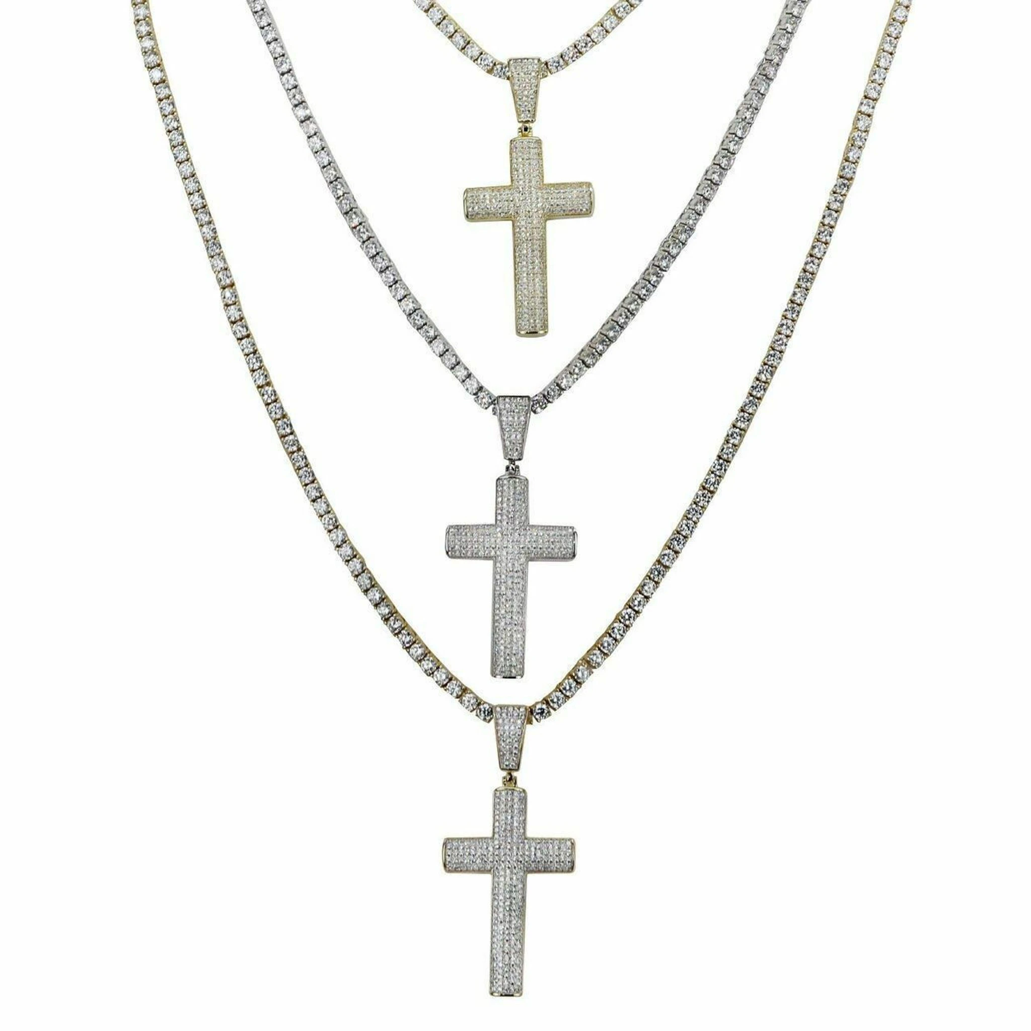 Men's Real Solid 925 Silver Cross W. Tennis Chain Pendant Super Iced Man Diamond 3 Men's Real Solid 925 Silver Cross W. Tennis Chain Pendant Super Iced Man Diamond