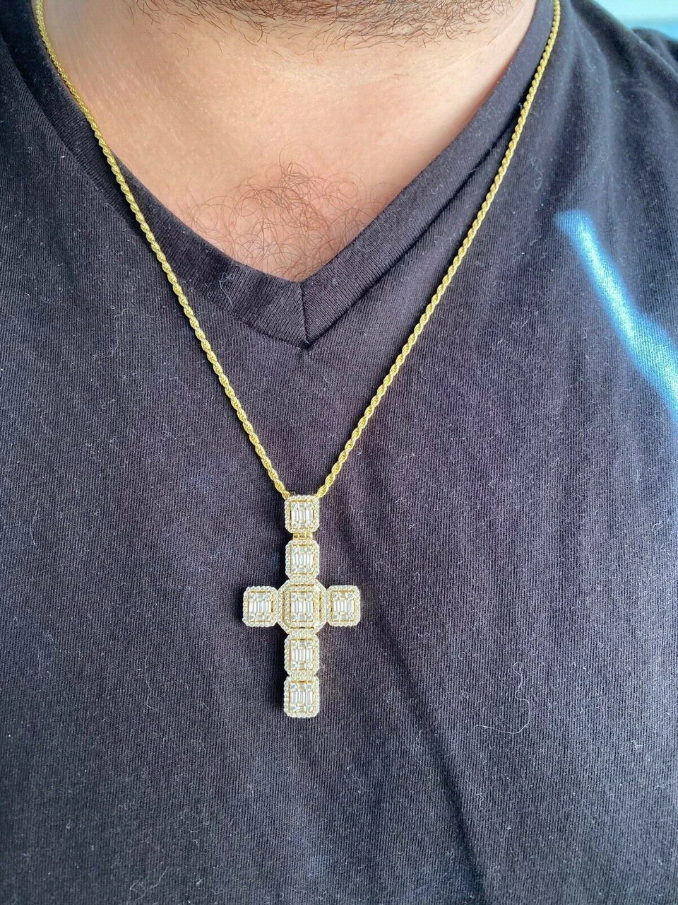 Mens Real Solid 925 Silver Iced Baguette Diamond Cross 2" Rhodium, Gold Or Rose 7 Mens Real Solid 925 Silver Iced Baguette Diamond Cross 2" Rhodium, Gold Or Rose - Image 5