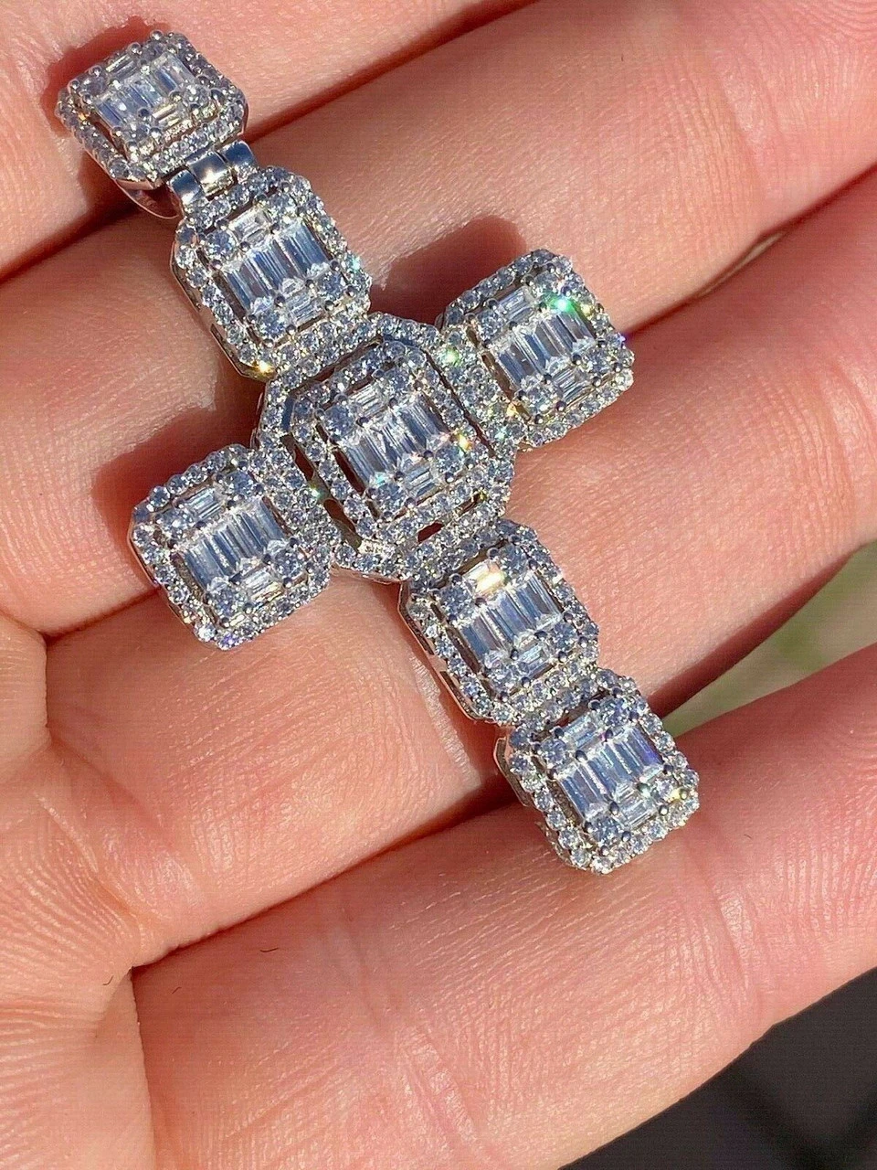 Mens Real Solid 925 Silver Iced Baguette Diamond Cross 2" Rhodium, Gold Or Rose 5 Mens Real Solid 925 Silver Iced Baguette Diamond Cross 2" Rhodium, Gold Or Rose - Image 3