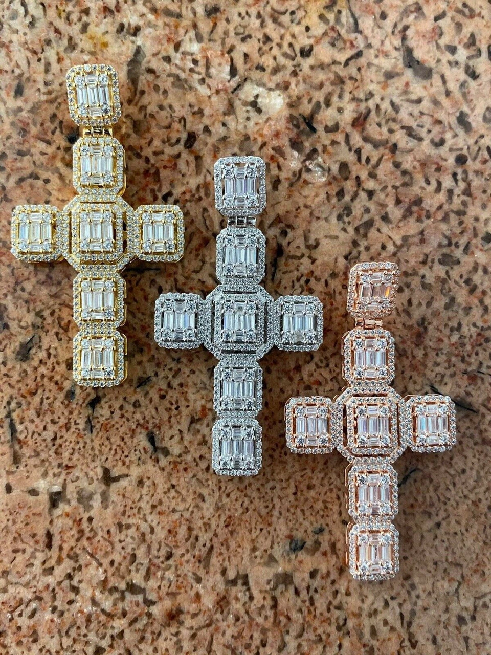 Mens Real Solid 925 Silver Iced Baguette Diamond Cross 2" Rhodium, Gold Or Rose 8 Mens Real Solid 925 Silver Iced Baguette Diamond Cross 2" Rhodium, Gold Or Rose - Image 6