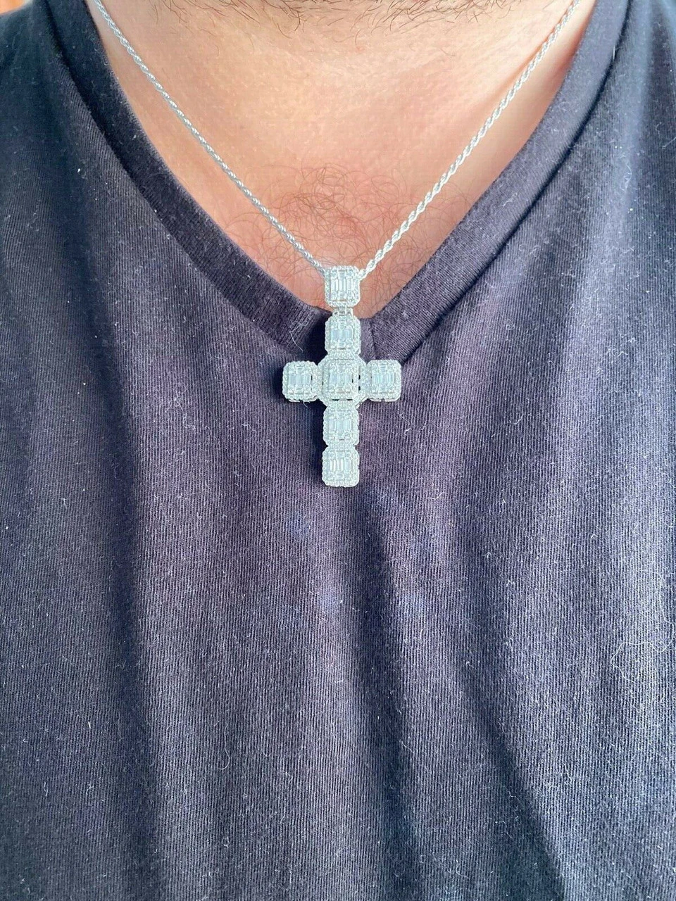 Mens Real Solid 925 Silver Iced Baguette Diamond Cross 2" Rhodium, Gold Or Rose 6 Mens Real Solid 925 Silver Iced Baguette Diamond Cross 2" Rhodium, Gold Or Rose - Image 4