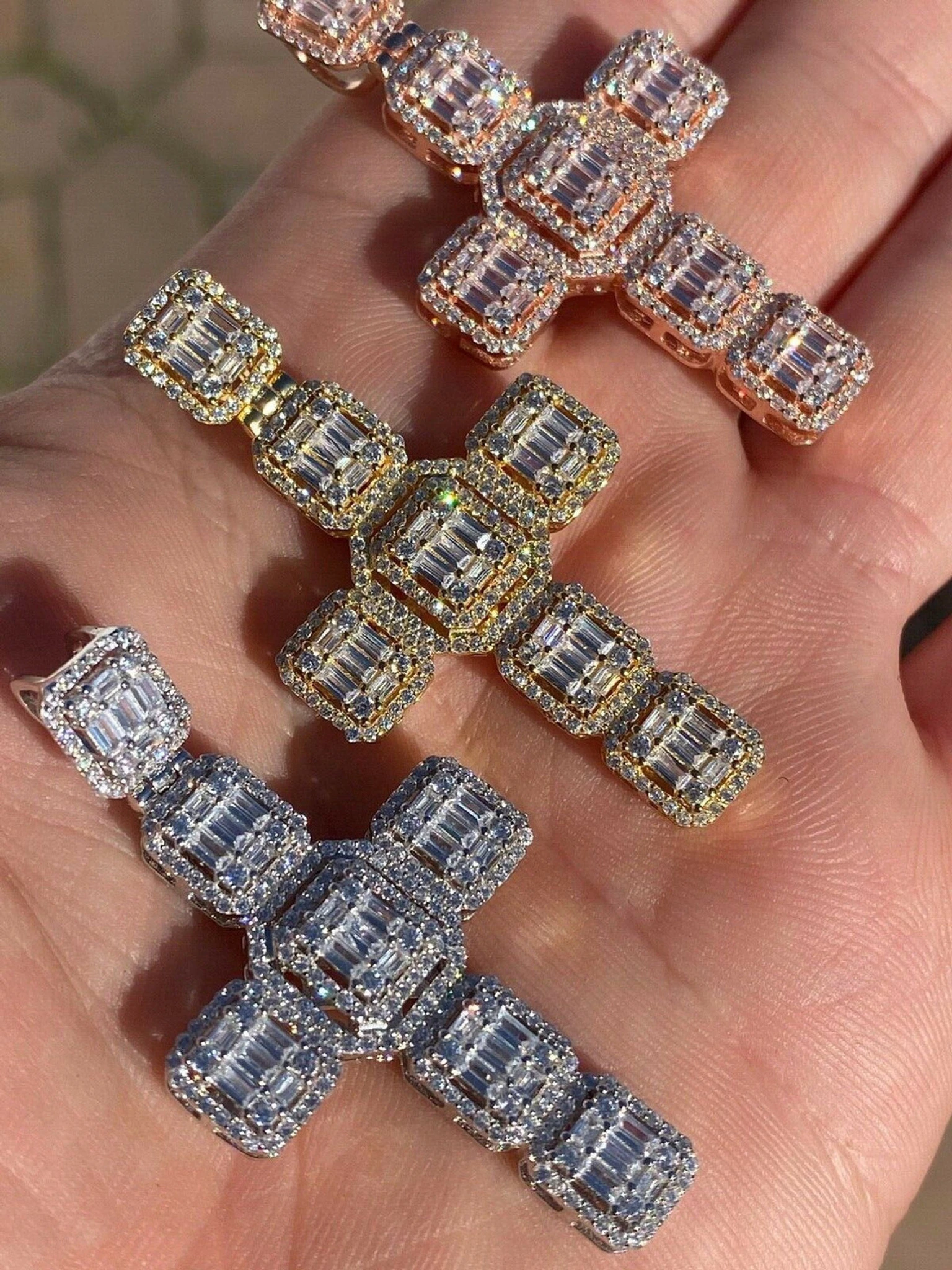 Mens Real Solid 925 Silver Iced Baguette Diamond Cross 2" Rhodium, Gold Or Rose 3 Mens Real Solid 925 Silver Iced Baguette Diamond Cross 2" Rhodium, Gold Or Rose