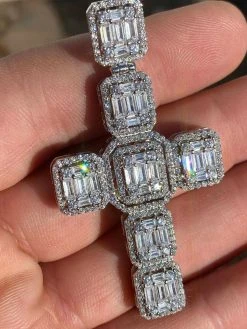 Men’s Real Solid 925 Silver Mens Large Iced Baguette Diamond Cross Necklace 2"